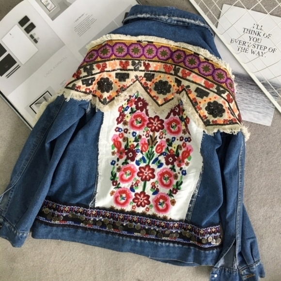 Oversized Embroidered,  Tribal Print, Jean Jacket - Picture 7 of 16